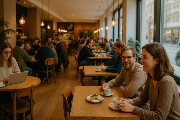 Coffee-to-Stay in Gießen: Gäste sitzen im Café in der Innenstadt und trinken Kaffee